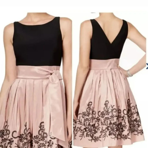 SLNY Black & Pink Sequin Floral Formal Dress Deep V Back Fit & Flare Size 14 - Picture 1 of 13